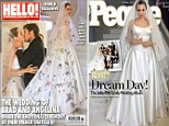 Angelina Jolie sports custom bridal gown featuring her children's colourful artwork as she kisses new husband Brad Pitt in first pictures from their wedding