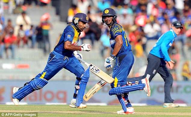 Mahela Jayawardene (left) and Sangakkara put on a 96-run partnership as Sri Lanka took command