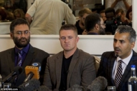 Former English Defence League leader Tommy Robinson flanked by Maajid Nawaz, Chairman and co-founder of the Quilliam Foundation (right) and Usama Hasan, also of the group (left) at a press conference this week.