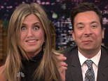 22 January 2015 - Los Angeles - USA  **** STRICTLY NOT AVAILABLE FOR USA ***  Jennifer Aniston and Jimmy Fallon play Lip Flip on The Tonight Show. The actress was on the late night US chat show to promote her new movie Cake. After chatting to host Fallon about the film and her recent Oscar snub as well as her recent holiday with boyfriend Justin Theroux and Howard Stern and his wife, Aniston told Fallon: "I wish there was a way I could interview me." The pair then 'swapped' lips and chatted to each other with hilarious results.   XPOSURE PHOTOS DOES NOT CLAIM ANY COPYRIGHT OR LICENSE IN THE ATTACHED MATERIAL. ANY DOWNLOADING FEES CHARGED BY XPOSURE ARE FOR XPOSURE'S SERVICES ONLY, AND DO NOT, NOR ARE THEY INTENDED TO, CONVEY TO THE USER ANY COPYRIGHT OR LICENSE IN THE MATERIAL. BY PUBLISHING THIS MATERIAL , THE USER EXPRESSLY AGREES TO INDEMNIFY AND TO HOLD XPOSURE HARMLESS FROM ANY CLAIMS, DEMANDS, OR CAUSES OF ACTION ARISING OUT OF OR CONNECTED IN ANY WAY WITH USER'S PUBLICATION OF