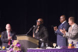 Gwendolyn Reese accepts the Leadership Award during the 29th annual Dr. Martin Luther King Jr. Leadership Awards Breakfast on Monday morning. Duke Energy president Alex Glenn, left, the Rev. Louis Murphy and St. Petersburg Mayor Rick Kriseman were there to congratulate her in front of a capacity crowd at the Coliseum. 