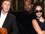 LOS ANGELES, CA - FEBRUARY 08:  Paul McCartney, Kanye West and Rihanna attend The 57th Annual GRAMMY Awards at STAPLES Center on February 8, 2015 in Los Angeles, California.  (Photo by Kevin Mazur/WireImage)
