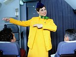 Female air hostess / flight attendant standing in aisle on aircraft, pointing to exit, portrait.
*POSED BY MODEL*