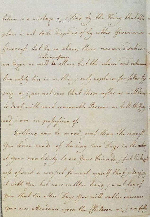 Royal childhood: This letter is from Queen Charlotte to her children's governess, Lady Charlotte Finch
