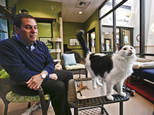Dr. Gary Weitzman, president and CEO of the San Diego Humane Society and SPCA and author of the new National Geographic book ¿How to Speak Cat, observes the actions of Pepper, a black and white  resident of Humane Society shelter Wednesday, April 8, 2015, in San Diego.    (AP Photo/Lenny Ignelzi)