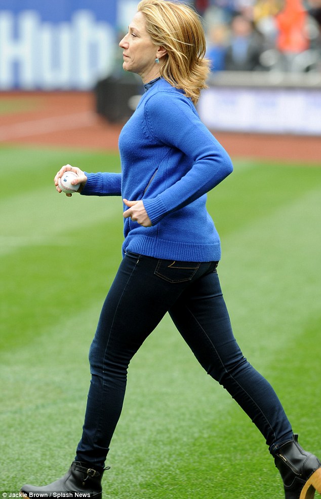 The long walk: The Nurse Jackie star made her way to the pitcher's mound