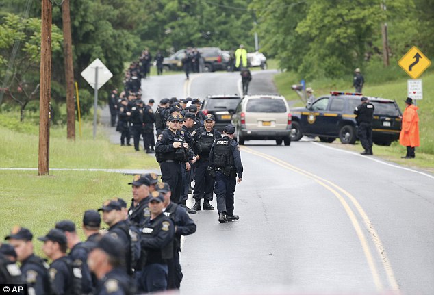 Mass turnout: Law enforcement officers walk along Trudeau Road at Route 3 and after emerging from the wood during the search for the two escapees from Clinton Correctional Facility near Dannemora, New York