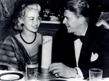 This undated photo provided by the Monica Lang Archive shows, actress Monica Lewis, left, and actor Ronald Reagan, at Ciro's in Los Angeles. The actress' former manager, Alan Eichler, says she died at age 93, on Friday, June 12, 2015, of natural causes at her home in the Los Angeles area. Lewis started her career as a vocalist with Benny Goodman's orchestra and went on to record several jazz hits in the 1940s, and in 1950, she hit Hollywood, signing an exclusive contract for music and movies with MGM. (Monica Lang Archive via AP)