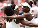 Serena Williams (left) and Venus Williams embrace after their match during day Seven of the Wimbledon Championships at the All England Lawn Tennis and Croquet Club, Wimbledon. PRESS ASSOCIATION Photo. Picture date: Monday July 6, 2015.  See PA Story TENNIS Wimbledon. Photo credit should read: Adam Davy/PA Wire. RESTRICTIONS: Editorial use only. No commercial use without prior written consent of the AELTC. Still image use only - no moving images to emulate broadcast. No superimposing or removal of sponsor/ad logos. Call +44 (0)1158 447447 for further information.