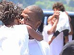 Jay Z was spotted out in NYC with his daughter Blue Ivy. He lifted her in the air with a huge smile on his face, before they boarded a helicopter to the Hamptons. Blue laughed happily as her dad picked her up and carried her barefoot into the heli.\n\nPictured: Jay-Z and Blue Ivy Carter\nRef: SPL1073531  100715  \nPicture by: 247PAPS.TV / Splash News\n\nSplash News and Pictures\nLos Angeles: 310-821-2666\nNew York: 212-619-2666\nLondon: 870-934-2666\nphotodesk@splashnews.com\n