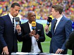 BT Sport presenter Jake Humphrey (R) with pundits Rio Ferdinand (L) and Ian Wright before the FA Cup Final at Wembley Stadium, London. 

PRESS ASSOCIATION Photo. Picture date: Saturday May 30, 2015. See PA Story SOCCER FA Cup. Photo credit should read: Nick Potts/PA Wire. RESTRICTIONS: Editorial use only. Maximum 45 images during a match. No video emulation or promotion as 'live'. No use in games, competitions, merchandise, betting or single club/player services. No use with unofficial audio, video, data, fixture