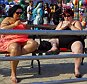 Two overweight women Eating ice cream Coney Island  Decisive moment