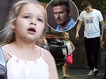 Harper Beckham wearing pink patent leather shoes at Fogo de Chao with dad David Beckham, Brooklyn, Cruz and Romeo for an early dinner July 15, 2015 X17online.com\nNO  WEB SITE USAGE\nNO MAGAZINE USAGE\nAny queries call X17 UK Office 0034 966 713 949\nGary 0034 686421720\nLynne 0034 611100011 \nAlasdair 0034 965998830