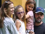 *EXCLUSIVE* Atlanta, GA -  Jennifer Garner and estranged husband, Ben Affleck, seems to have co-parenting down pat as they pose for a family photo in Atlanta.   The pretty brunette is currently in Atlanta filming "Miracles in Heaven", while Ben Affleck makes an effort to spend time with his family. The high-profile couple, who have recently announced their plans to separate after ten years of marriage, have agreed to co-parent amicably for the sake of their three children, Violet, Seraphina, and Samuel.\n  \nAKM-GSI      July 25, 2015\nTo License These Photos, Please Contact :\nSteve Ginsburg\n(310) 505-8447\n(323) 423-9397\nsteve@akmgsi.com\nsales@akmgsi.com\nor\nMaria Buda\n(917) 242-1505\nmbuda@akmgsi.com\nginsburgspalyinc@gmail.com