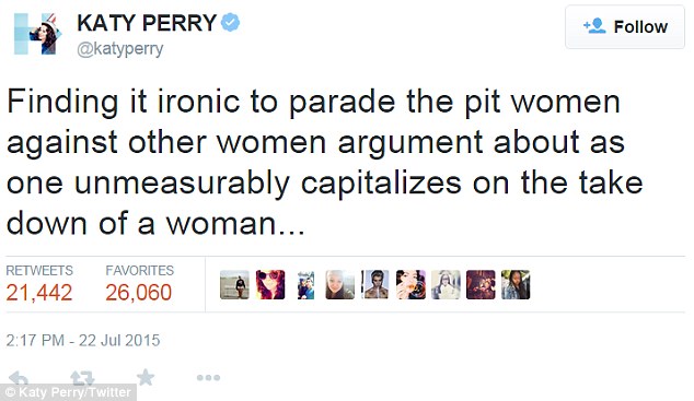 During the highly publicized Swift vs Minaj feud: Katy jumped in with her own opinion regarding the matter: 'Finding it ironic to parade the put women against other women argument about as one unmeasurably capitalizes on the take down of a woman...'