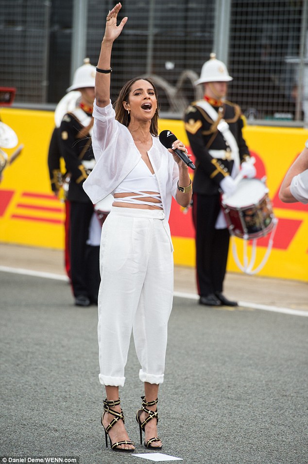 Crash and burn: Alesha Dixon performed the National Anthem at the British Grand Prix at Silverstone. But viewers were outraged that the Hertfordshire-born singer adopted an American accent, and got the lyrics wrong