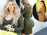 Khloe Kardashian hides her face as she makes her way into the studio for a Monday shoot for Keeping Up With the Kardashians.  The reality star suffered a wardrobe malfunction -- the seam of her dress split right at the bustline!  Bustin' out!  Khloe accessorized her body-con olive green dress with heeled booties and a yellow Hermes Birkin bag.\nJack-RS/X17online.com