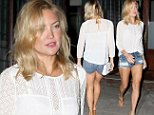 September 04, 2015: Kate Hudson shows off her legs in a pair of denim shorts and wedge heels as she leaves her hotel and heads to dinner in New York City.\nMandatory Credit: T.Jackson/INFphoto.com Ref: infusny-283