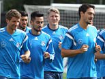 Germany's national football team's midfielder Bastian Schweinsteiger (C) runs with teammates during a training session in Frankfurt, western Germany on September 2, 2015 prior to the Euro 2016 qualifier football game Germany vs Poland on September 4, 2015. 
AFP PHOTO / DANIEL ROLANDDANIEL ROLAND/AFP/Getty Images