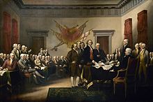 Declaration of Independence karya John Trumbull, 1776. Dengan kehendak rakyat, Tiga Belas Koloni merdeka dari Kerajaan Inggris.