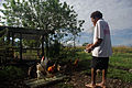 Bethesda student Charles feeds the chickens kept at the school to teach the students how to care for chickens and generate an income. (10677028376).jpg