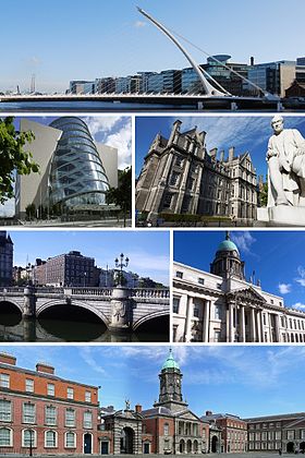 Clockwise from top: Samuel Beckett Bridge, Trinity College, Custom House, Dublin Castle, O'Connell Bridge, and Convention Centre Dublin.