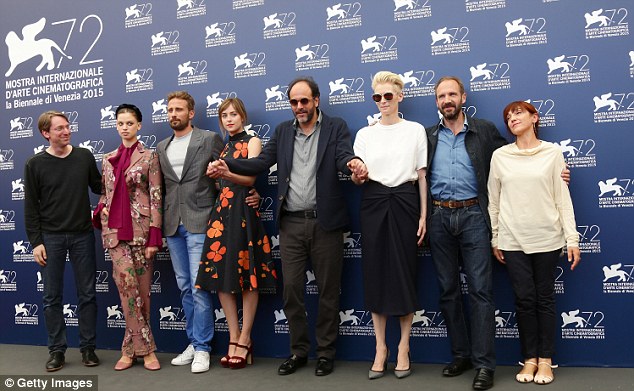 Let's get together! The beauty posed beside her A Bigger Splash team, (L to R) executive producer David Kajganich, co-star Lily McMenamy, Matthias, director Luca Guadagnino, Tilda Swinton, Ralph Fiennes, and Elena Bucci