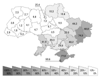 Phần trăm người nói tiếng Nga như tiếng mẹ đẻ theo khu vực.[f]