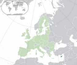 Location of Cyprus (green) and Northern Cyprus (brighter green) in the European Union (light green)