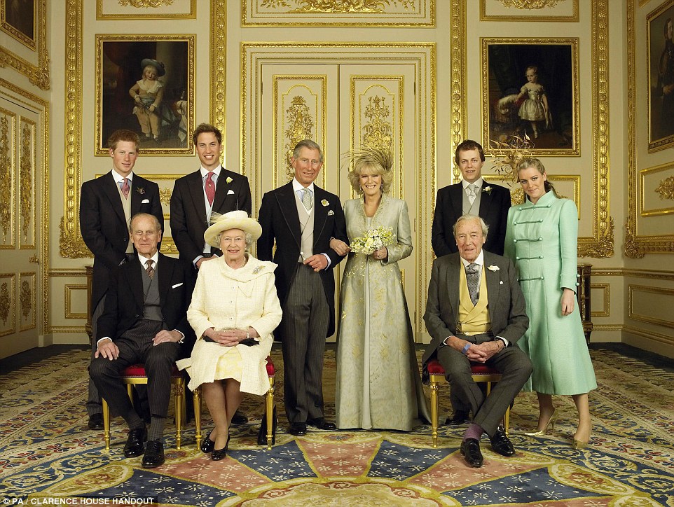 Happy family: The Queen and Prince Philip pose with, from left, Harry, William, Charles, Camilla, Tom Parker Bowles, Laura Parker Bowles, and Camilla's father Major Bruce Shard