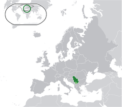 Location of Serbia (dark and light green) – Kosovo (light green) on the European continent (green + dark grey)
