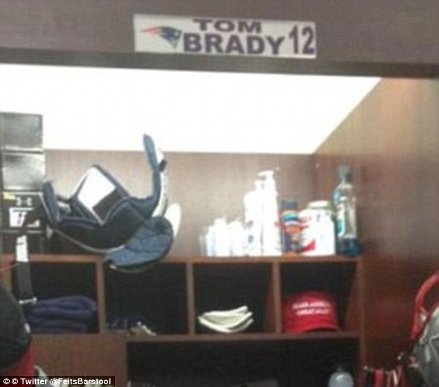 Support: Trump's red hat was spotted last month in Brady's locker (above)