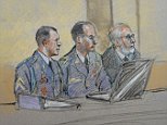 Army Sgt. Bowe Bergdahl, left, defense counsel Lt. Col. Franklin D. Rosenblatt, center, and lead defense counsel Eugene Fidell sit during a preliminary hearing to determine if Sgt. Bergdahl will be court martialed. Bergdahl, who left his post in Afghanistan and was held by the Taliban for five years, is charged with desertion and misbehavior before the enemy. (AP Photo/Brigitte Woosley)