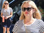 September 17, 2015: Reese Witherspoon heads to an office building in a striped blouse and denim skirt in Los Angeles, CA.\nMandatory Credit: Fresh/INFphoto.com Ref: infusla-294