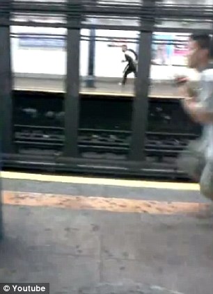 With luck on his side the man climbs up onto the platform and makes a run for it