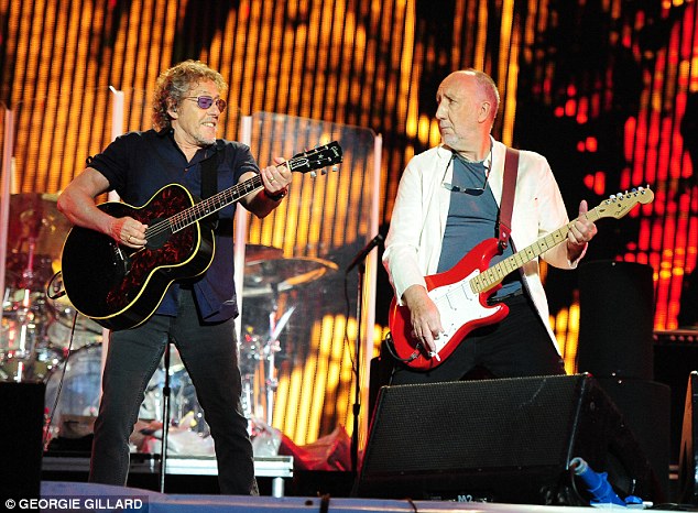The Who pictured on the pyramid stage at Glastonbury earlier this year to headline the Sunday evening slot. Roger Daltrey, left, and Pete Townshend, right, front the band.