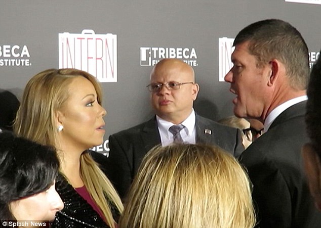Exchanging words: At one point the pair exchanged some words, with Mariah averting her boyfriend's gaze as they chatted quietly in front of the world's media 