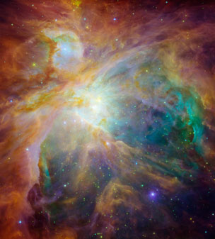 This Nasa image captured on April 12, shows baby stars creating chaos 1,500 light-years away in the cosmic cloud of the Orion Nebula. Four massive stars make up the bright yellow area in the center of this false-color image for the Spitzer Space Telescope.
