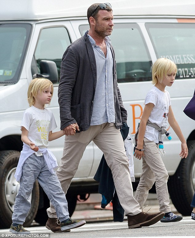 Holding hands: Liev Schreiber escorted his sons Alex and Samuel across a street