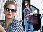 143654, EXCLUSIVE: Eva Mendes seen arriving at The London Hotel in LA. The actress tied her hair up with a scrunchie as she wore a plaid button up shirt, cuffed up ripped denim jeans and wedge heels. Los Angeles, California - Tuesday October 13,  2015. Photograph: Bruja/Sam Sharma, © PacificCoastNews. Los Angeles Office: +1 310.822.0419 sales@pacificcoastnews.com FEE MUST BE AGREED PRIOR TO USAGE