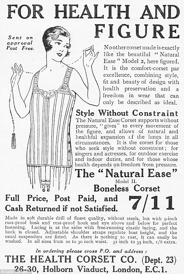 A 1927 corset is advertised which aims to flatten the figure completely for a boyish silhouette