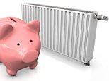 Pink piggy bank with radiator on the white backround.