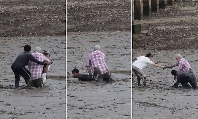 Thai fisherman lies down in the mud to rescue two tourists who were stuck