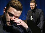 Justin Timberlake becomes emotional as he gave thanks during the Memphis Music Hall of Fame induction ceremony Saturday, Oct. 17, 2015, in Memphis, Tenn. (AP Photo/Karen Pulfer Focht)