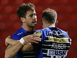 Danny Cipriani, congratulates Will Addison during the Aviva Premiership match between Sale Sharks and Worcester Warriors  played at the AJ Bell Stadium, Manchester, on October 23rd, 2015