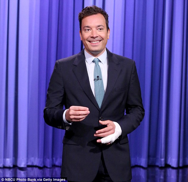 Deja vu: In June, the late night host fell and hurt his left hand requiring surgery. He later revealed a ring he'd been wearing caught on a piece of furniture and almost severed his finger. He wore a cast for weeks