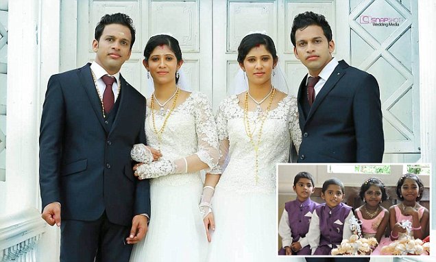 Double take! Two sets of identical twins marry.. each other, with identical twin pageboys,