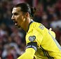Zlatan Ibrahimovic of Sweden celebrates scoring his goal to make it 0-2 during the UEFA EURO Qualifiers Second playoff round match between Denmark and Sweden played at the Telia Parken Stadium, Copenhagen on November 17th 2015