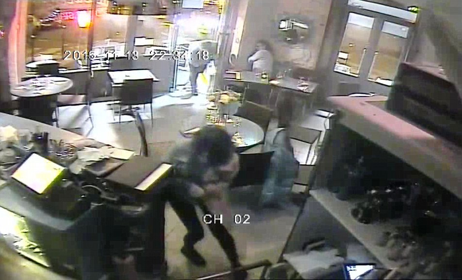 Shocking: Extraordinary video of a sustained attack on a restaurant during the Paris massacre has been revealed by the Daily Mail. Three CCTV cameras inside the premises recorded the heart-stopping moment at least 30 bullets were fired  from the street, leaving the pizzeria engulfed in dust and splintered glass as terrified diners ran for cover behind counters and under tables