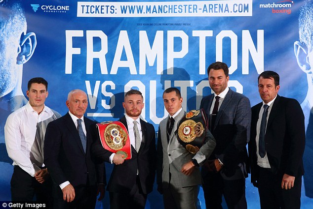 Frampton and Quigg with Eddie Hearn and Barry McGuigan and trainers Shane McGuigan and Joe Gallagher